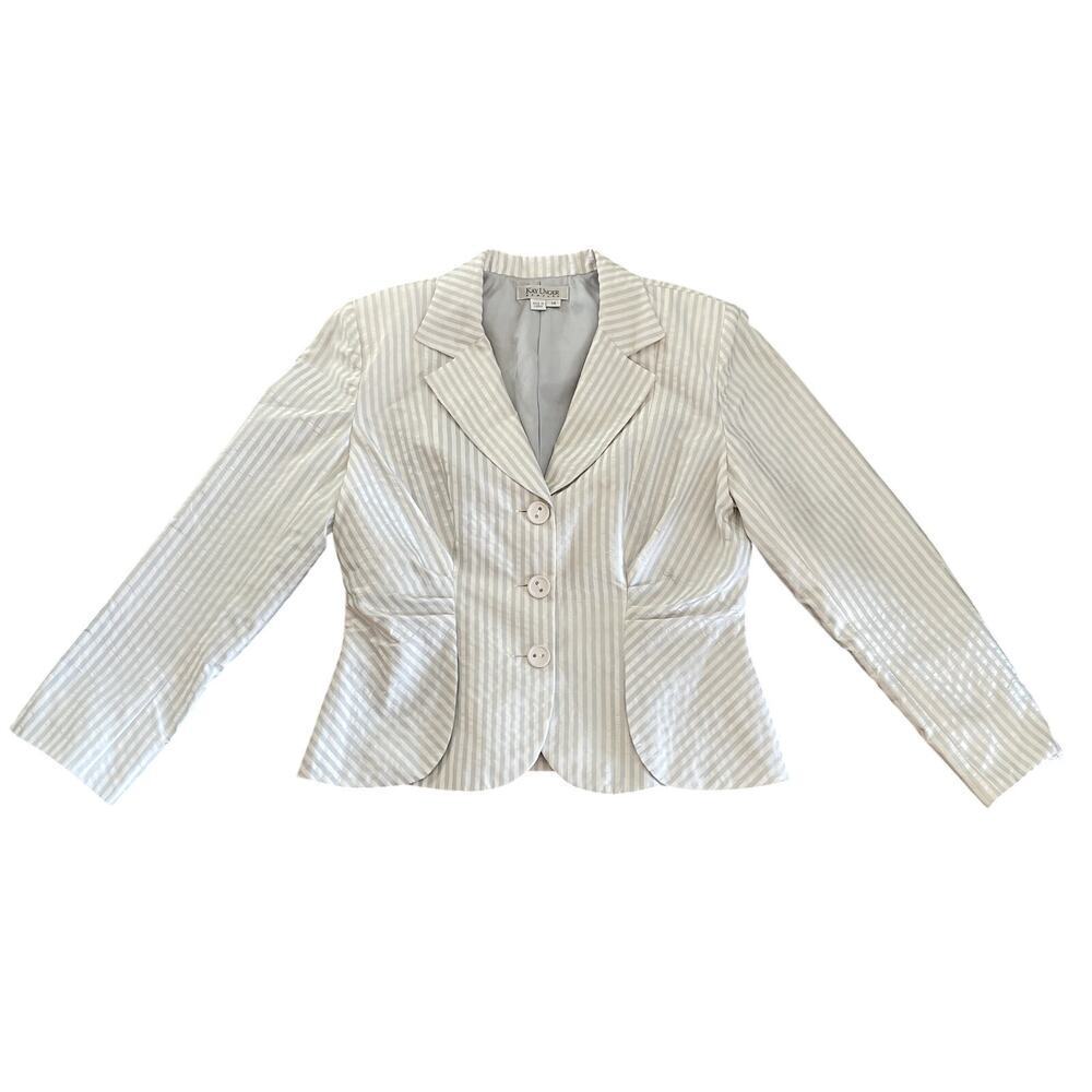 Kay Unger Women’s Striped Silk Blazer in White Grey - Plus Size: 14 - Picture 7 of 8